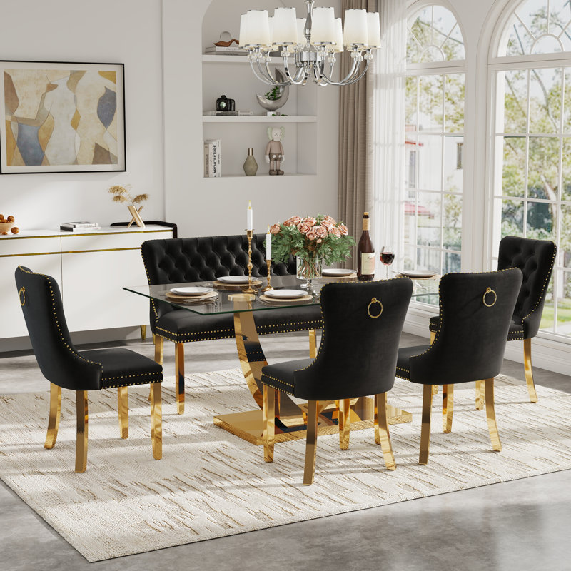 Table de salle à manger rectangulaire en verre trempé avec banc capitonné, table de salle à manger de luxe avec chaise capitonnée en velours pour salle à manger