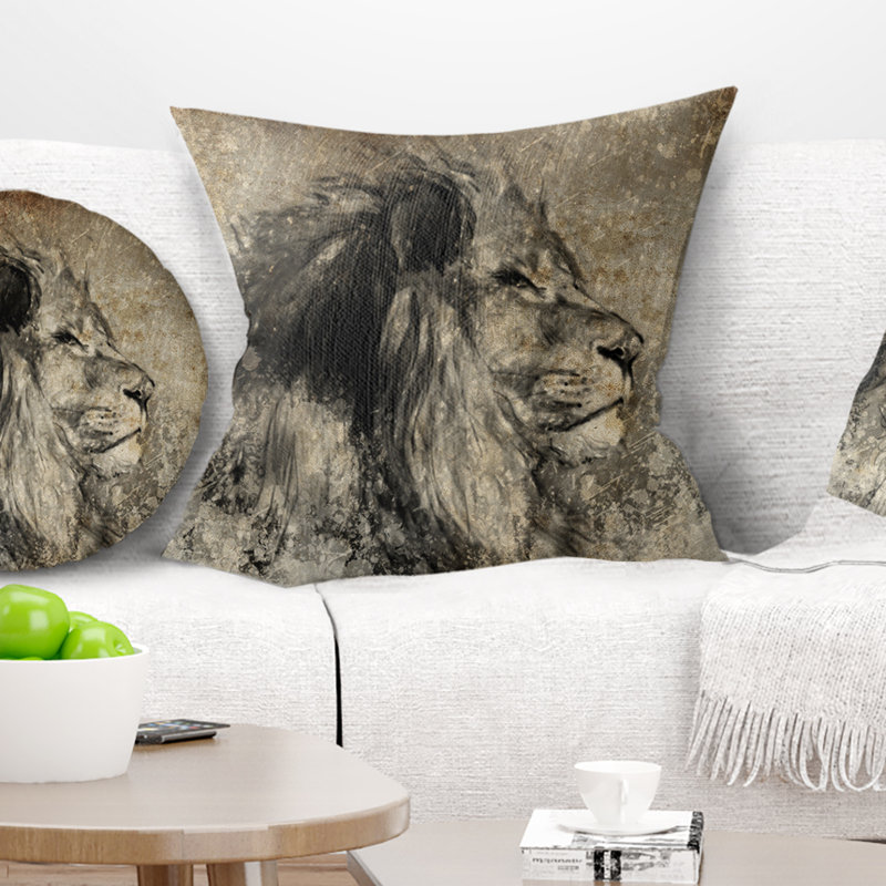 Lion en sépia - coussin imprimé animal, 16 po x 1 po, Coussin décoratif