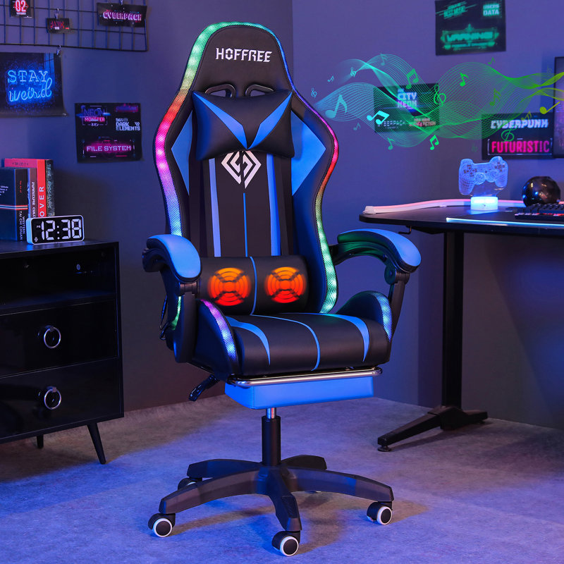 Hoffree LED Ergonomic Gaming Chair with Bluetooth Speakers and Vibration Lumbar Pillow, Blue/Black