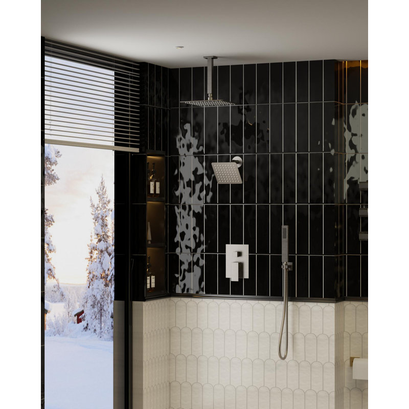 Système de douche à pression équilibrée Crozet avec double pomme de douche carrée et douche à main (valve incluse)