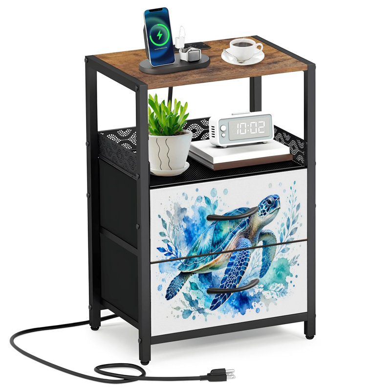 Table de chevet 2 tiroirs en tissu avec station de charge Ocean Home Decor Blue Turtle Sea Coastal