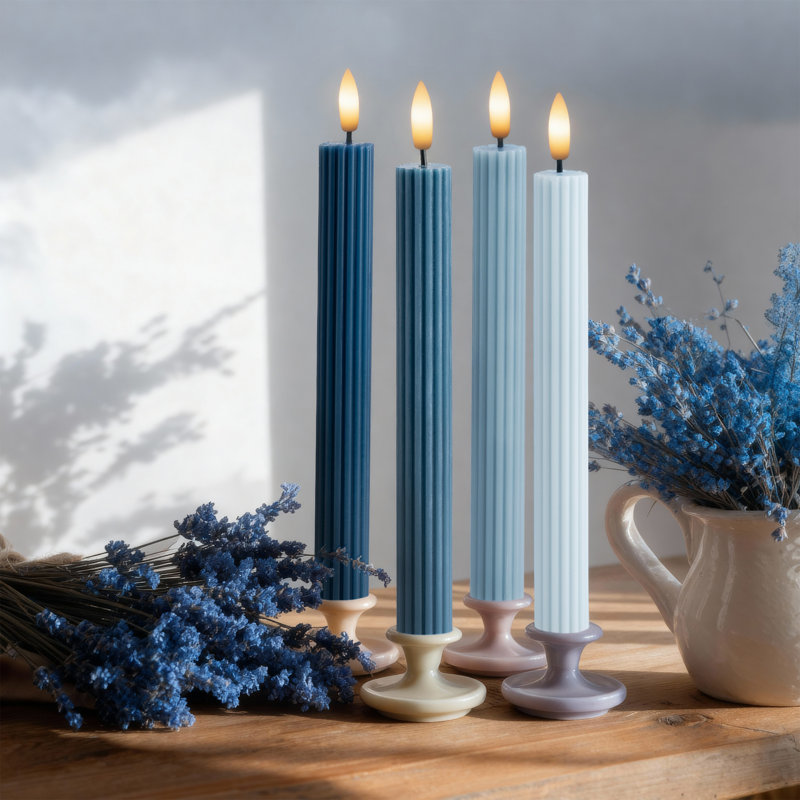 Blue Dawn 4 Pack Set, 10" LED Flameless Fluted Ribbed Grooved Taper Candles, Remote & Timer Memory, On/Off Button, Dimmable, Battery Operated, Menorah Wedding