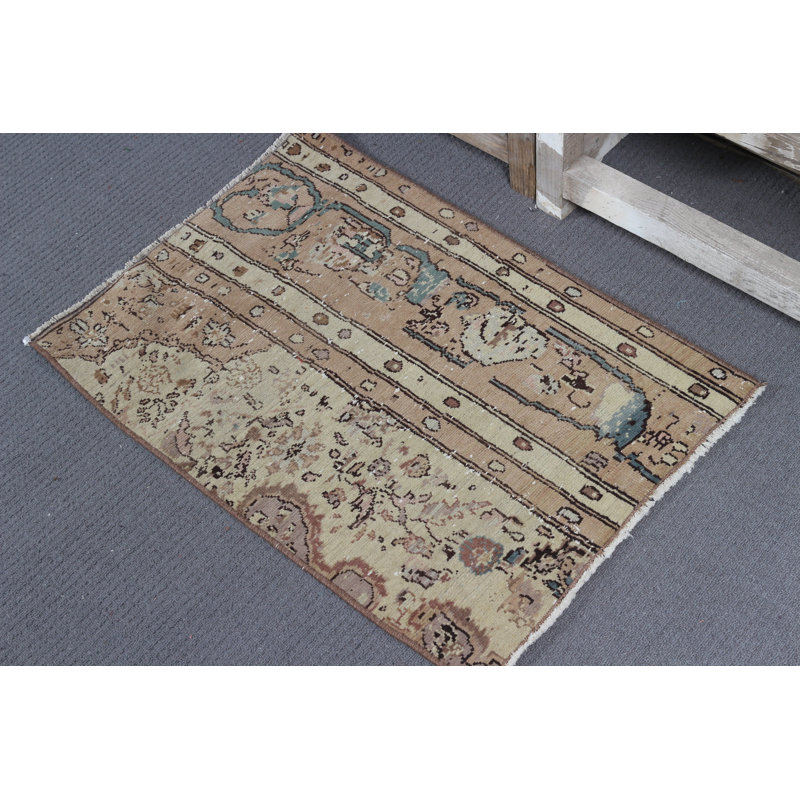 Vintage Small Turkish Rug in Brown for Home Decor Handwoven Wool Ideal for Dorm or as Door Mat