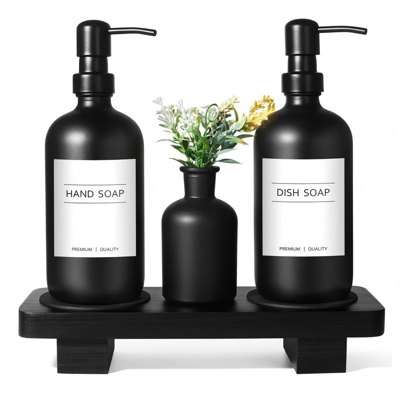 Dish Soap Dispenser For Kitchen, Black Hand Soap Dispenser With Stainless Steel Pump, Kitchen Soap Dispenser Set With Wood Riser Tray, Matte Black Bathroom Soap Dispenser Set Bathroom Decor