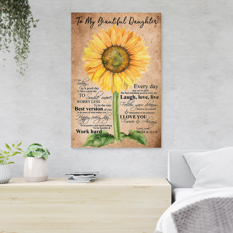 Tournesols sur fond brun - To My Beautiful Daughter - 1 pièce, impression d'art graphique rectangulaire sur toile tendue