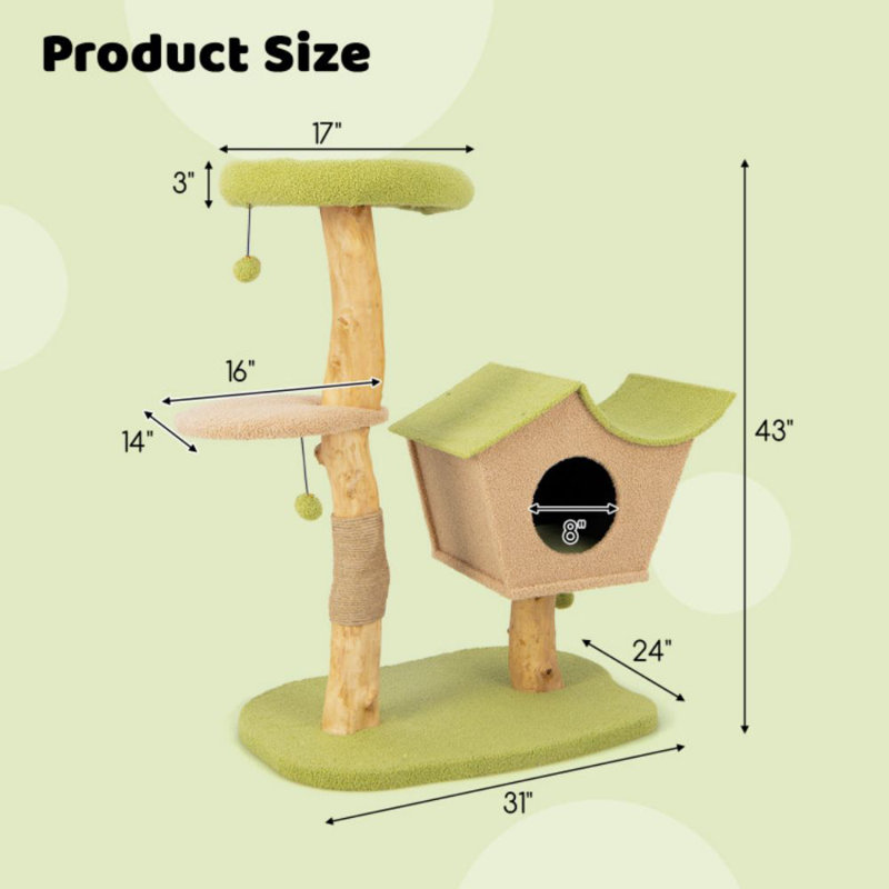 43 Inch Green and Beige Wooden Cat Tree with Perch and Condo