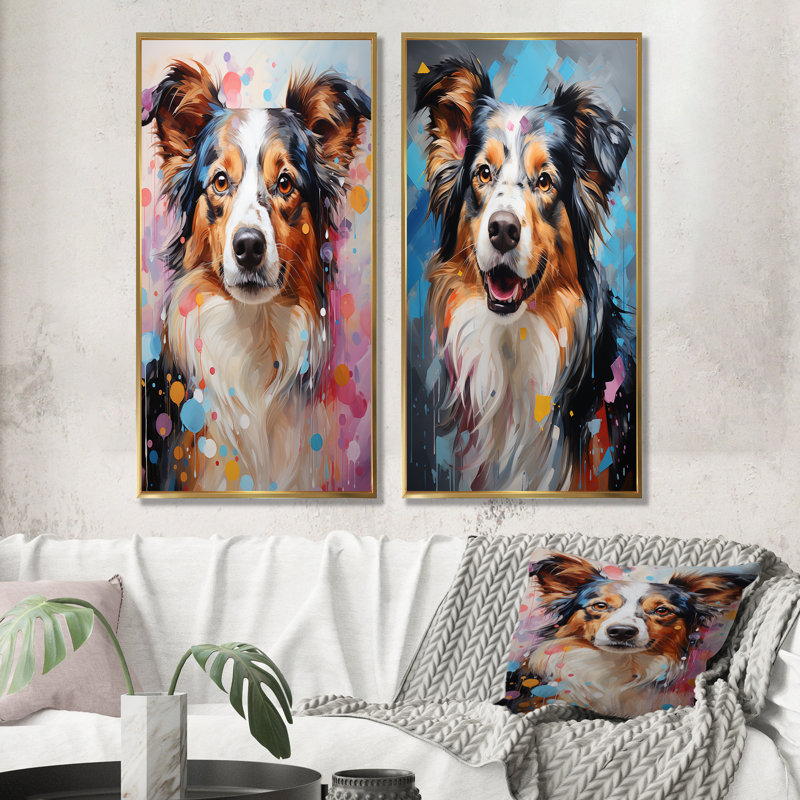 Playful Collie Portrait - Ensemble de salon mural pour chien, Encadrement doré, H 32 po x l 33 po