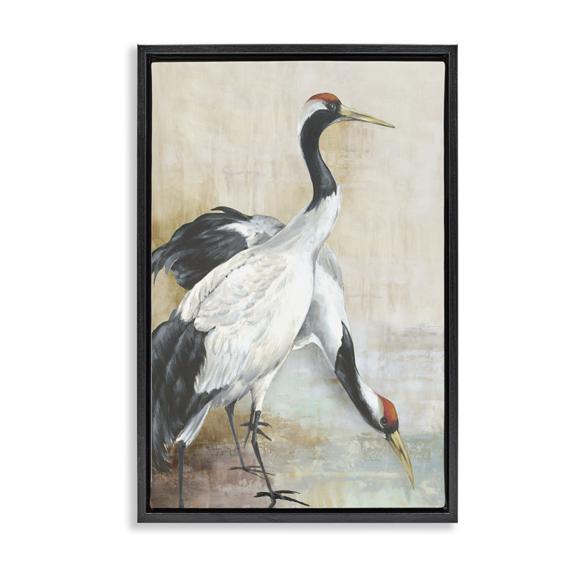 «Crane Duo at Riverside», toile flottante encadrée par Eli Jones, H 25 po x l 17 po, Cadre flottant noir de jais