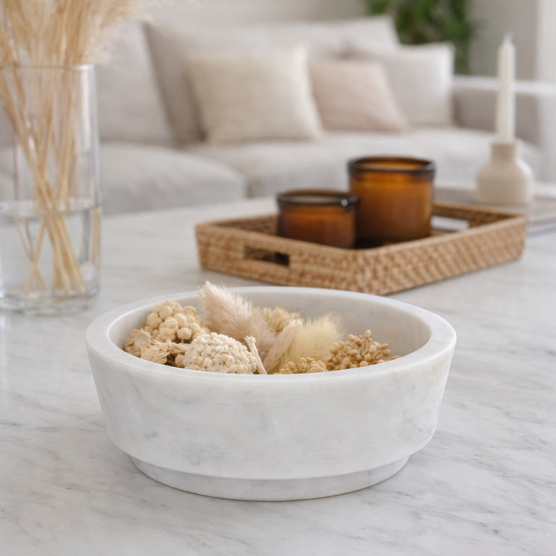 Bol décoratif décoratif avec rebords surélevés, rond de 7 pouces, marbre blanc