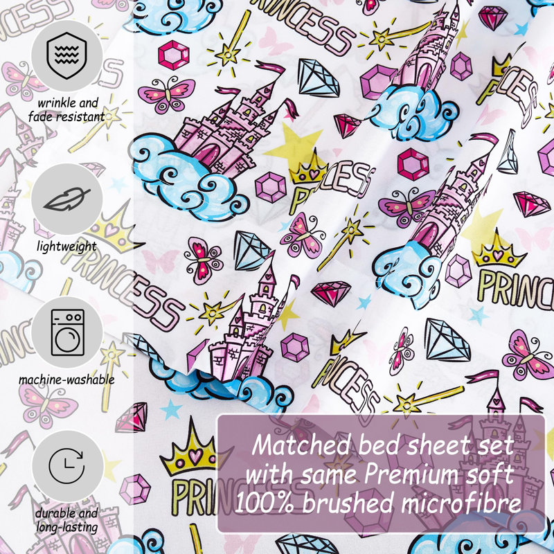 Ensemble de draps pour enfants, draps pleine grandeur 4 pièces, drap-housse en microfibre avec poche profonde de 15 pouces et sangles de coin, imprimé losanges Castle