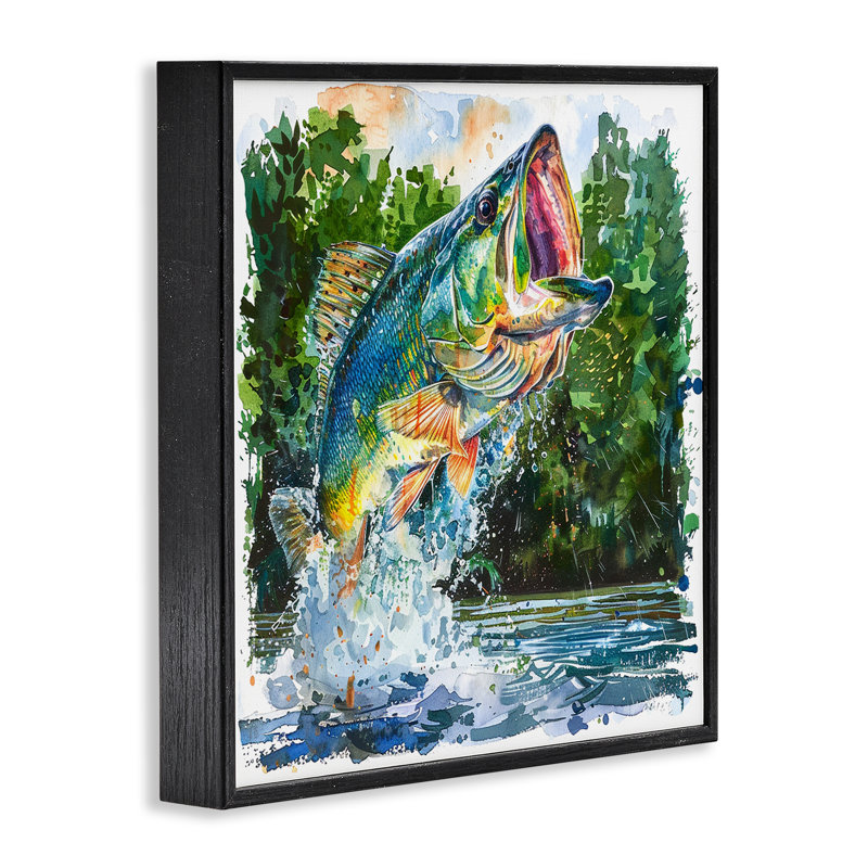 Splashing Bass Fish Giclee Art by LSR Design Studio, 12'' H x 12'' W, Midnight Black Framed Giclee