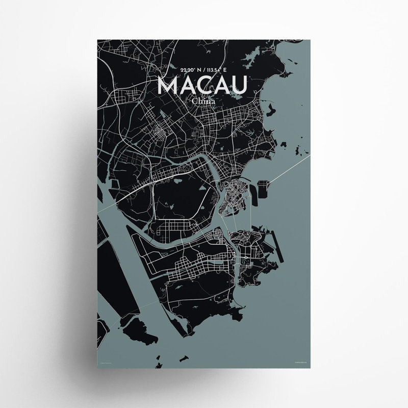Macau, carte de la ville, impression, H 17 po x l 11 po, Gris/noir
