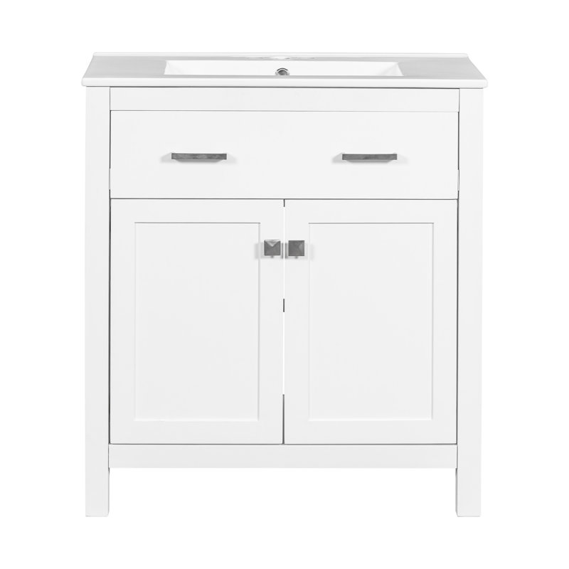 Meuble-lavabo blanc 60 po avec tiroir pratique et évier en céramique avec rangement moderne, Blanc, Noir
