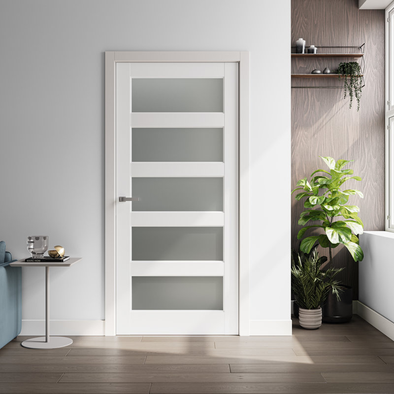 32" x 80" White Primed MDF 5-Lite Frosted Glass Interior Door Slab