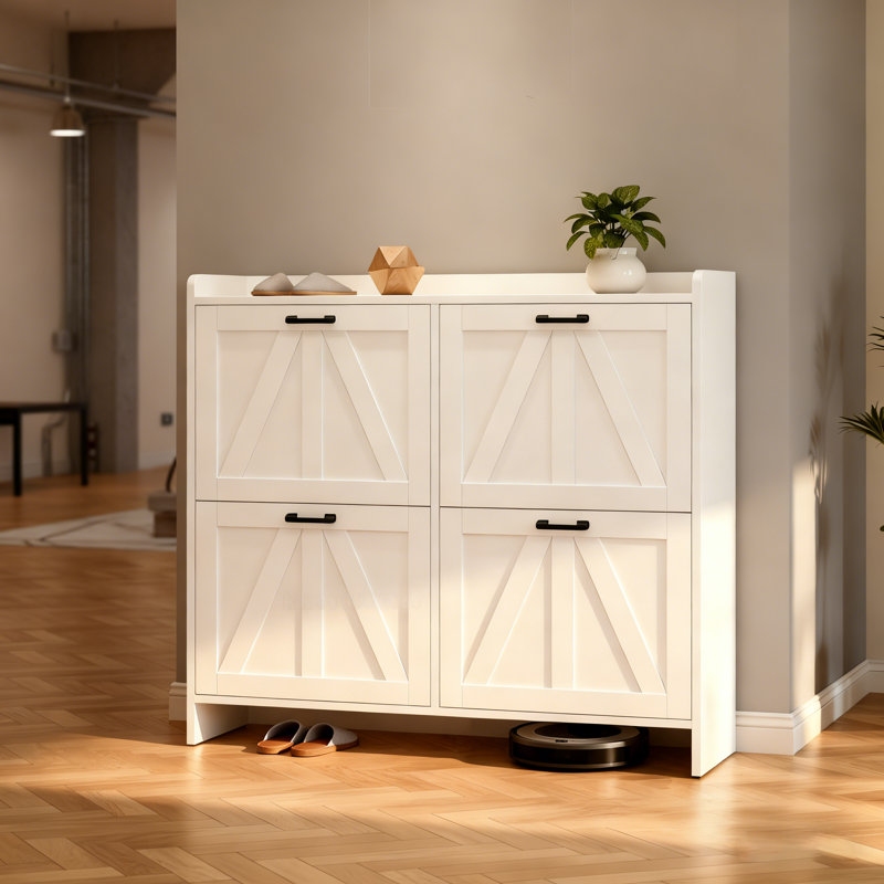 Farmhouse Shoe Cabinet With 4 Flip Drawers, White