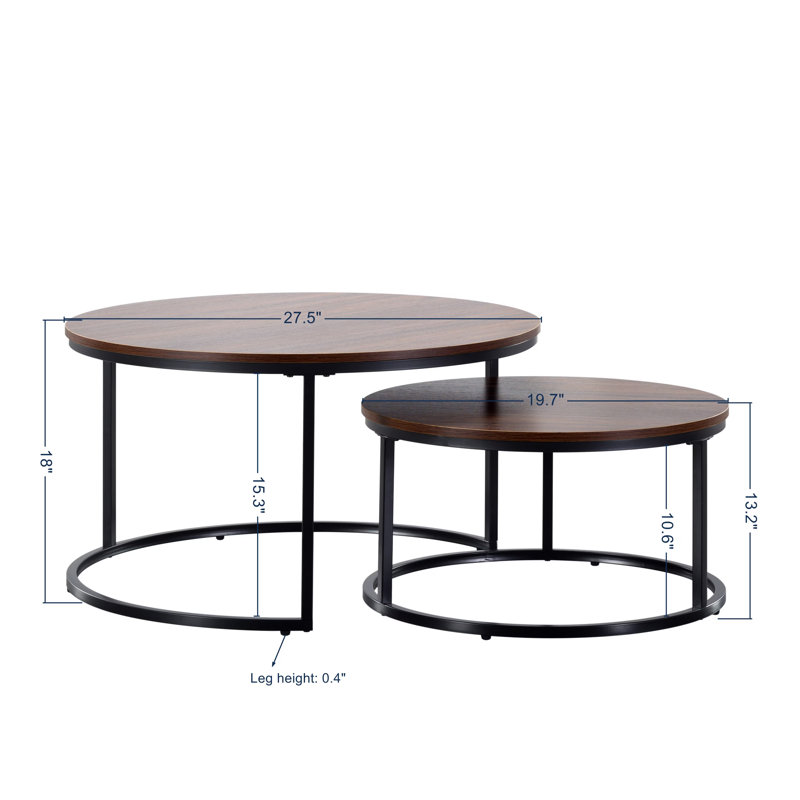 Modern Round Coffee Table Set of 2, Nesting Tables with Adjustable Feet for Living Room, Brown