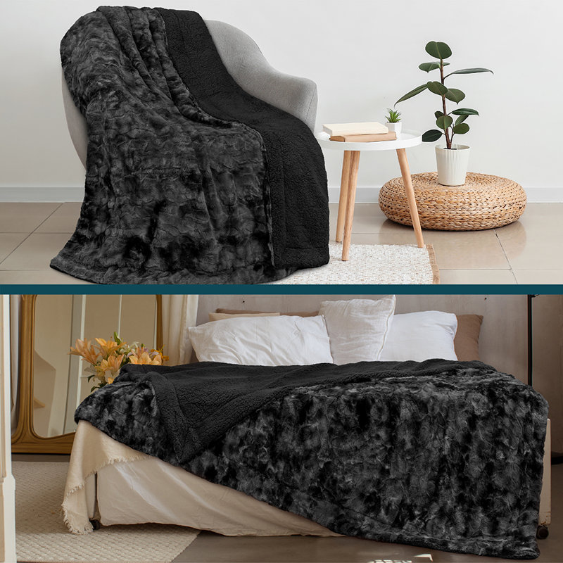 Black Tie-Dye Faux Fur Sherpa Reversible Throw Blanket