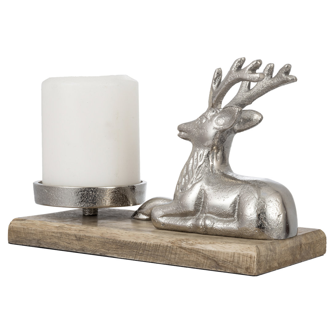 Candle Holders with Wood Base and Deer Figurine Millwood Pines