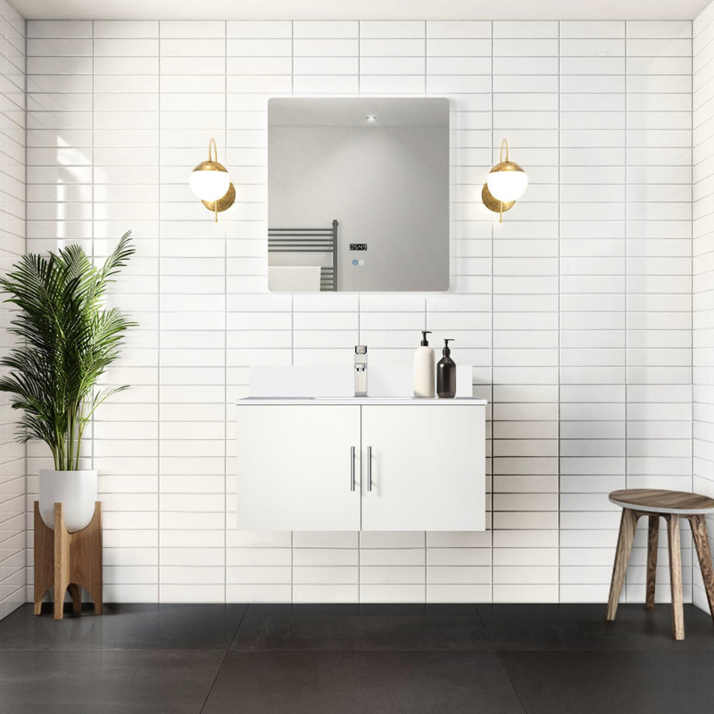 Meuble-lavabo blanc brillant avec surface en marbre et 36 po Miroir à DEL - fermeture en douceur, longue durée, compartiment spacieux avec