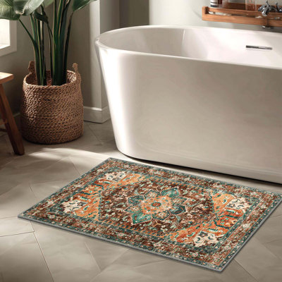 Washable Area Rug, 2'x3'Small Entryway Rug Non-Slip Boho Vintage Rug With Rubber Backing, Polyester Soft Distressed Floor Carpet For Indoor Door Mat, Kitchen, Laundry Bathroom