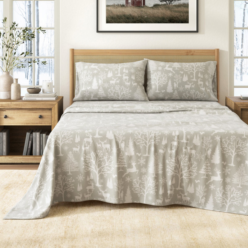 100% Turkish Cotton Flannel Christmas Sheet Sets, Enchanted Woods Gray, Full with 2 Pillowcases