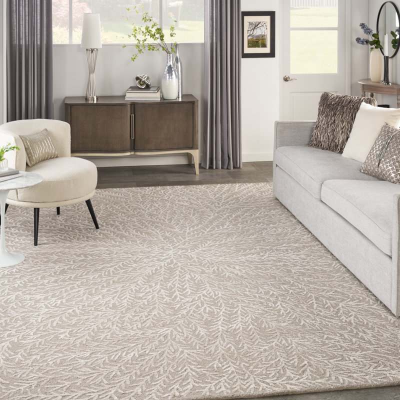 Donell Hand Tufted Floral Area Rug in Taupe/White, Rectangle 7'9" x 9'9"