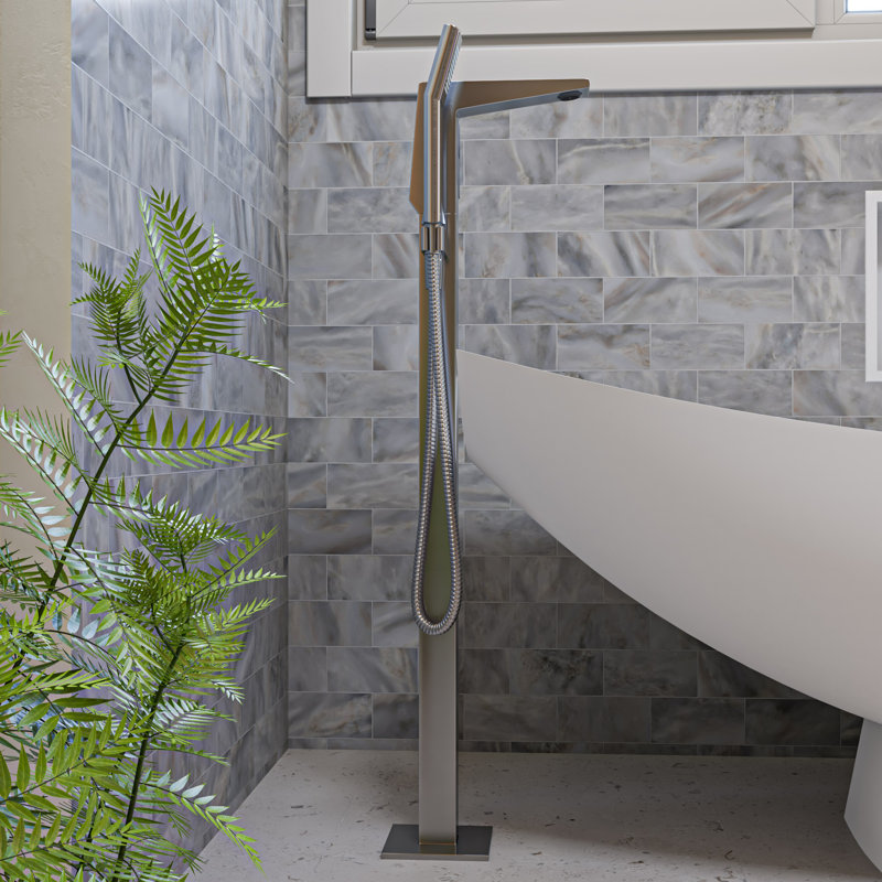 Robinet de baignoire autoportable à fixation au plancher à poignée simple avec douche à main, Nickel brossé
