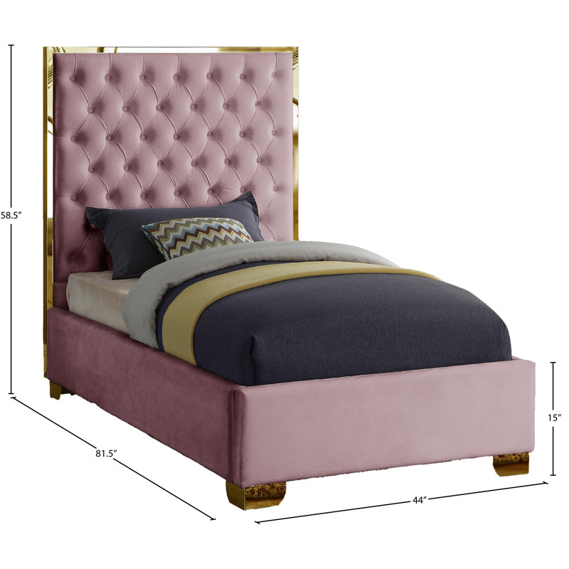 Spadaro Upholstered Platform Bed, Pink Velvet, Gold, Twin