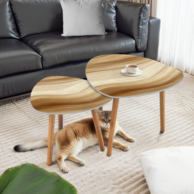 Triangle Nesting Coffee Table Set of 2 realistic light wood Yellow clear wood Empty wooden backdrop End Table Modern Minimalist Side Table Set for Living Room Bedroom