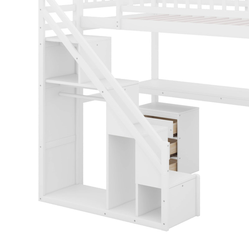 Lit mezzanine simple avec tiroirs, bureau et bande lumineuse, Blanc