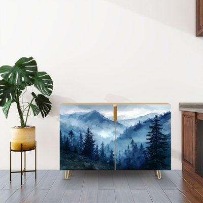 Sideboard Buffet Cabinet with Storage Alpine Pine Forest Watercolor with 2 Doors for Living Room and Kitchen
