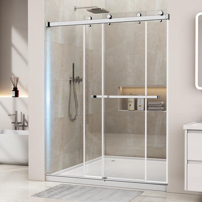 56-60" W X 72 "h Semi-frameless Double Sliding Shower Door With 1/4"（6mm) Clear Tempered Glass,Featuring Protective Safety Film Nickel