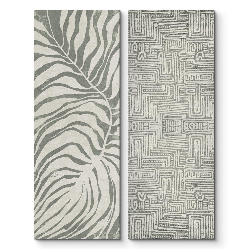 «Geometric Line», vert, blanc, île tropicale, feuilles de palmier, illustrations, art moderne, décoration bohème sur toile, 2 pièces