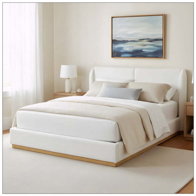 Modern White Winged Bed Frame with Enclosed Wood Base