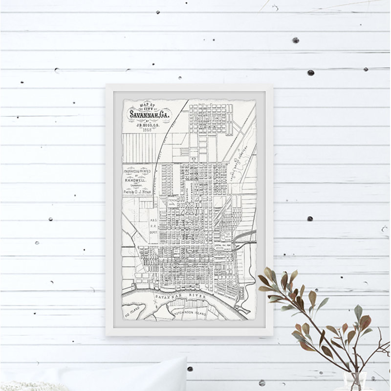 Carte de la ville de Savannah - Reproduction d'art graphique sur papier encadré, H 24 po x l 16 po x P 1,5 po