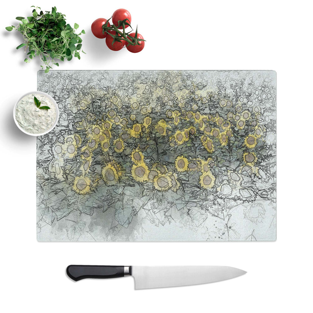 Glass Field of Yellow Sunflowers in Abstract Chopping Board