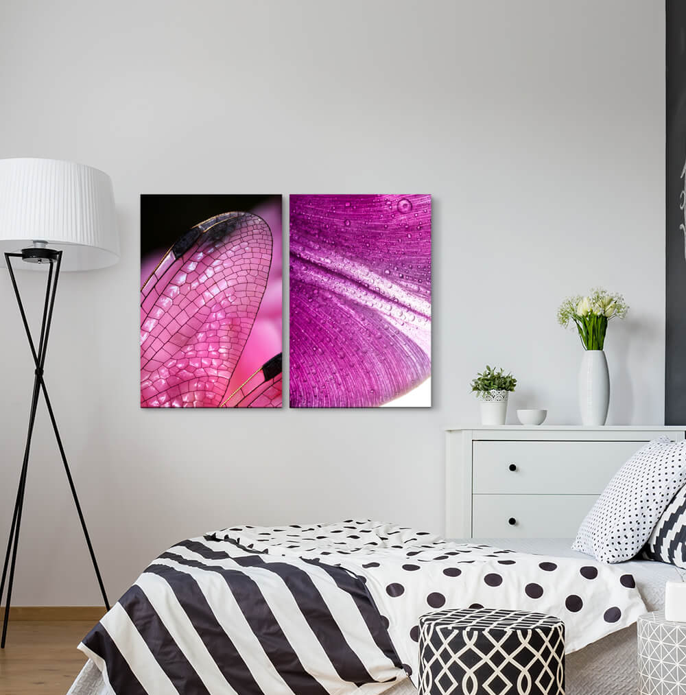 2-tlg. Leinwandbilder-Set - Fotografie „Dragonfly Wings Blossom Raindrops”