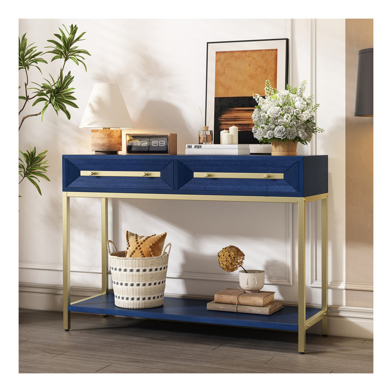 Table de vestibule, console à deux tiroirs, table de couloir rétro à motif géométrique saisissant pour le vestibule et le salon (bleu marine)