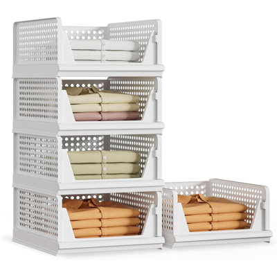 5 Pack Stackable Plastic Storage Basket Closet Organizer Bin Foldable Clothes Organizer Storage Drawer Shelf Container For Living Room Bathroom Kitchen Office