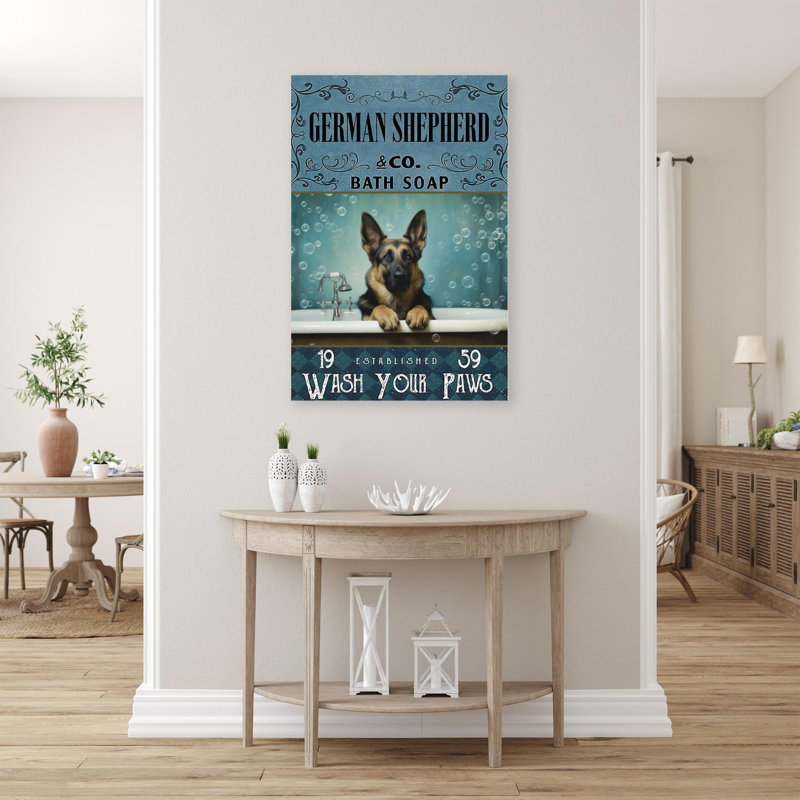 «German Shepherd Bath Soap», reproduction d'art graphique sur toile tendue 1 pièce, H 20 po x l 16 po x P 1,25 po