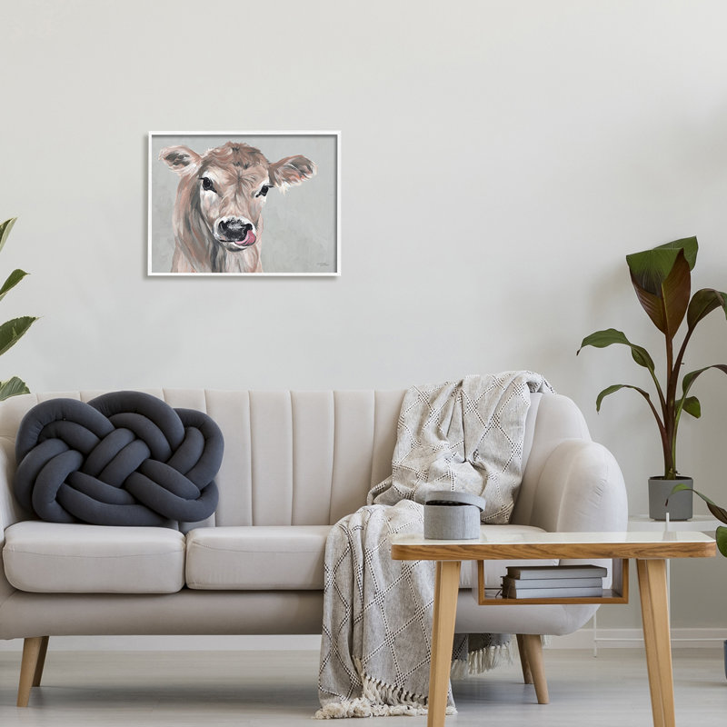 Mignon bébé vache à la ferme veau léchant les lèvres par Michele Norman - Peinture, H 16 po x l 20 po x P 1,5 po