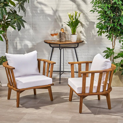 Outdoor Acacia Wood Patio Club Chair, Wooden Patio Furniture,Waterproof Thick Cushion Deep Seating For Porch, Garden, Backyard, Balcony, Weight Capacity 400Lbs, Teak Finish, White