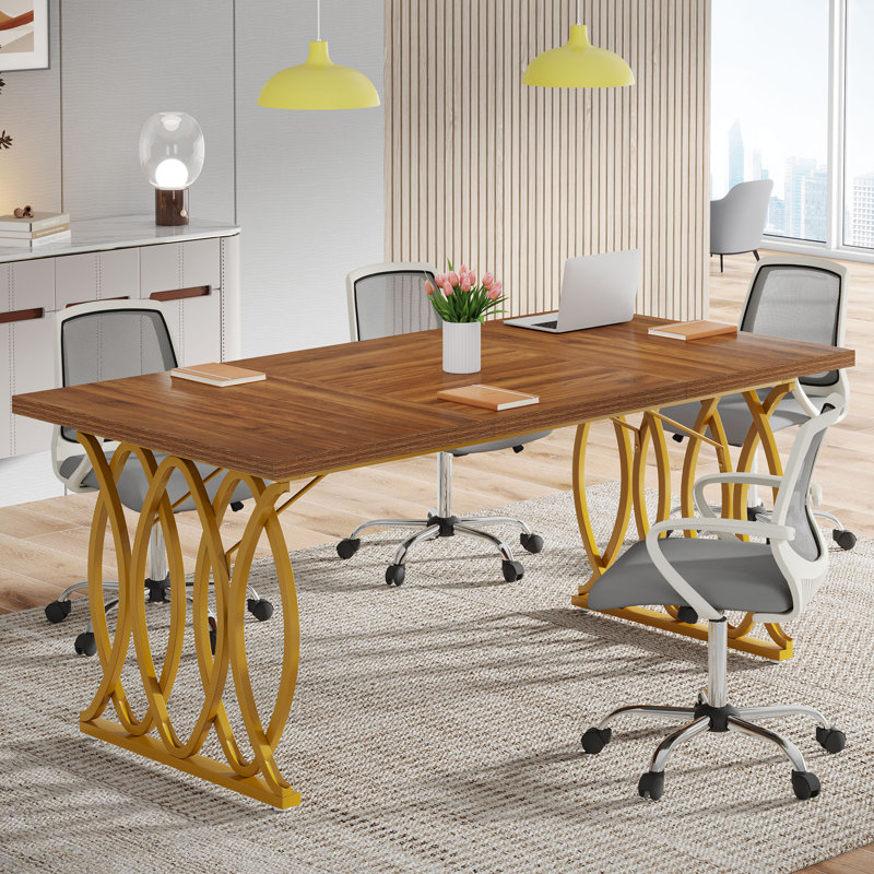 Bureau de direction, grand bureau d'ordinateur de 63 pouces de large, Marbre brun, Or