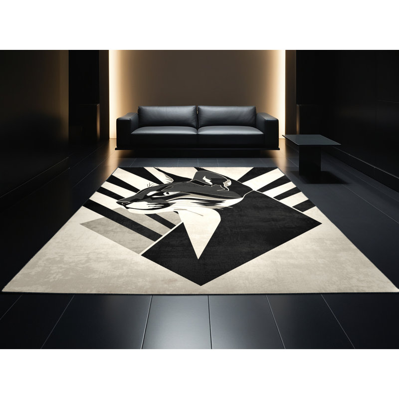 Machine Washable Pavli Caracal Art Deco Geometric Rug in Beige – Black Binding, 8x10