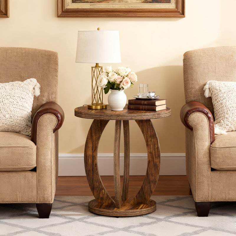 Round Wood End Table, Farmhouse Accent Bedside Table For Living Room Bedroom Small Space, Rustic Brown
