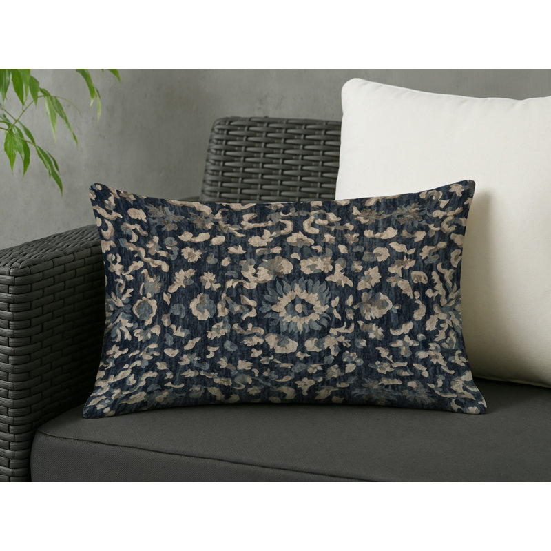 Coussin décoratif intérieur et extérieur Modern, Bleu marine / floral ivoire, Rectangle H 25 po x l 18 po