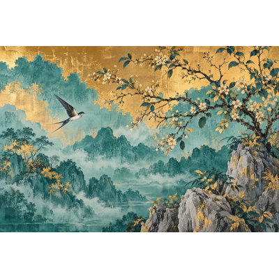 Misty Mountains And Flowering Branch Wallpaper Teal Gold Vintage Wall Mural