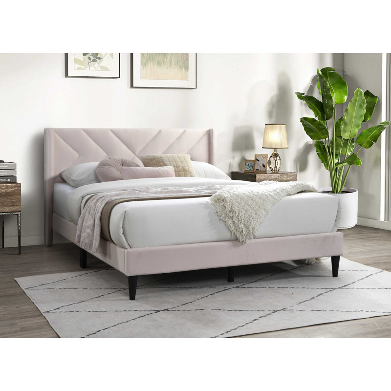 Elegant Modern Bed Clean Lines Design Headboard 1Pc Velvet Upholstered Bedframe, Light Pink