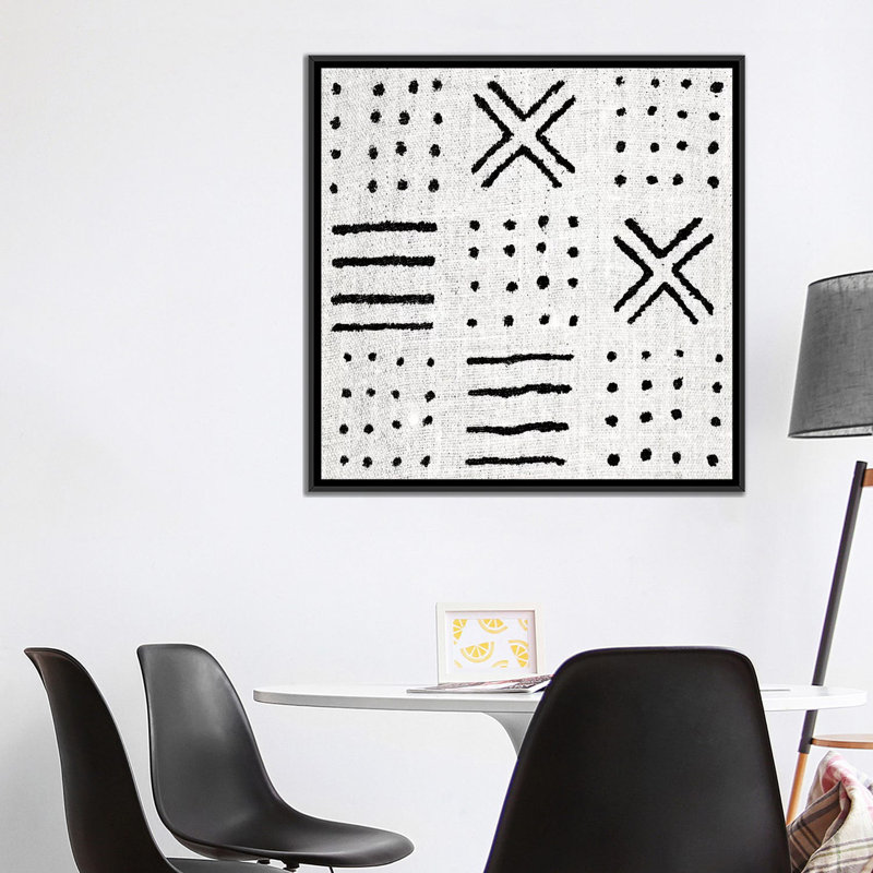 «Mudcloth White Geometric Design II», impression sur toile, Toile encadrée noire, Pas de tapis, H 18 po x l 18 po x P 1,5 po