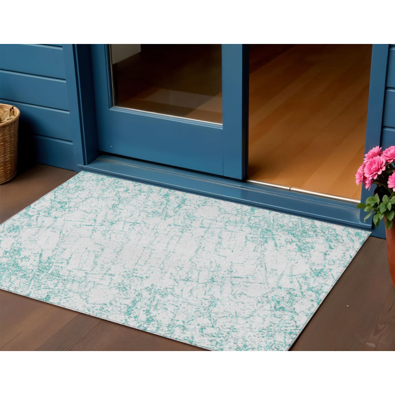 3' X 5' Teal Blue And Ivory Abstract Washable Indoor Outdoor Area Rug